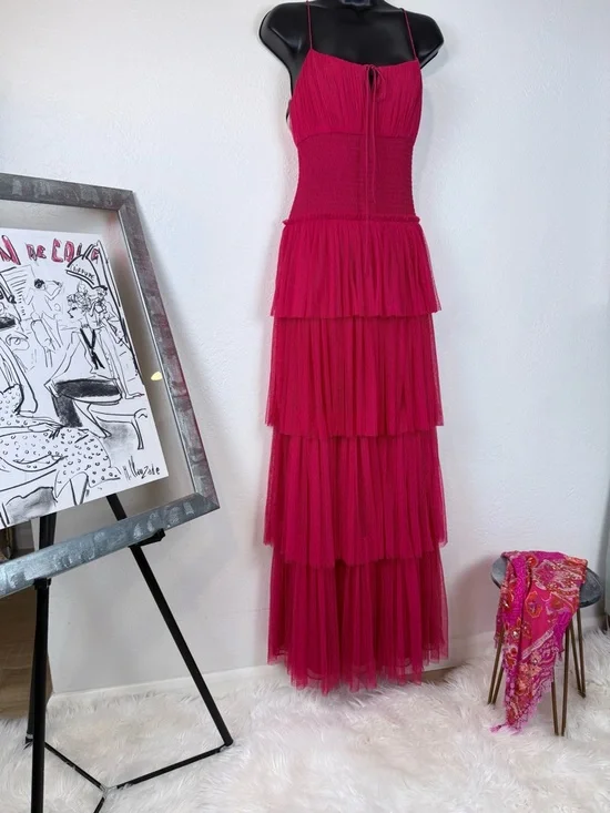 NWT ML Monique Lhuillier Tiered Tulle Maxi Dress Cherry Pink Size 8 - Picture 1 of 14